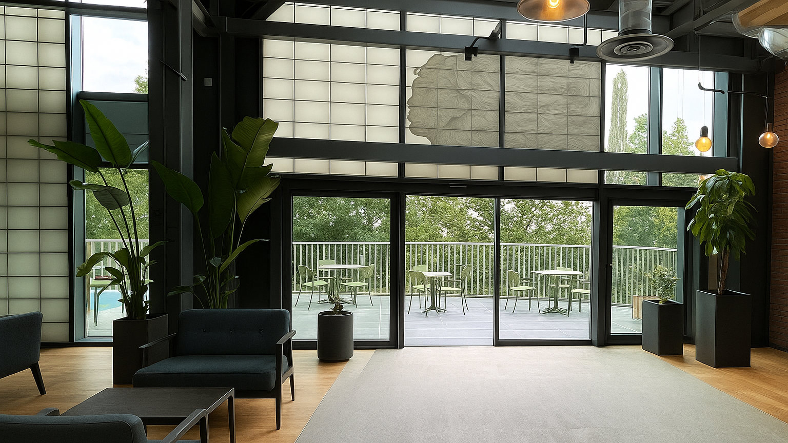 Modern interior with large glass windows, chairs, and plants. Strelitzia and Pachyra plants are in tall containers framing the glass doors