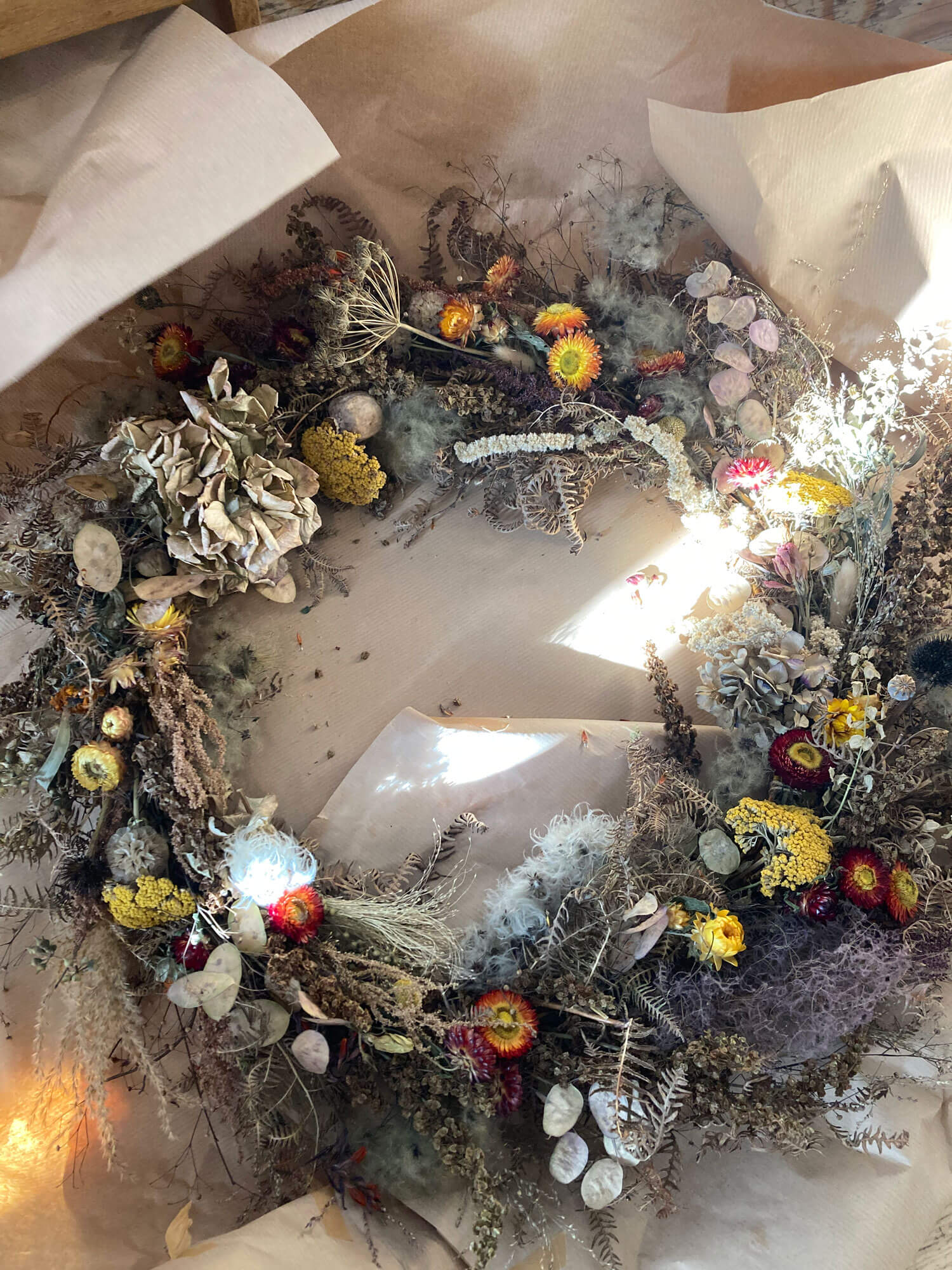 Dried flower wreath in pastel colours