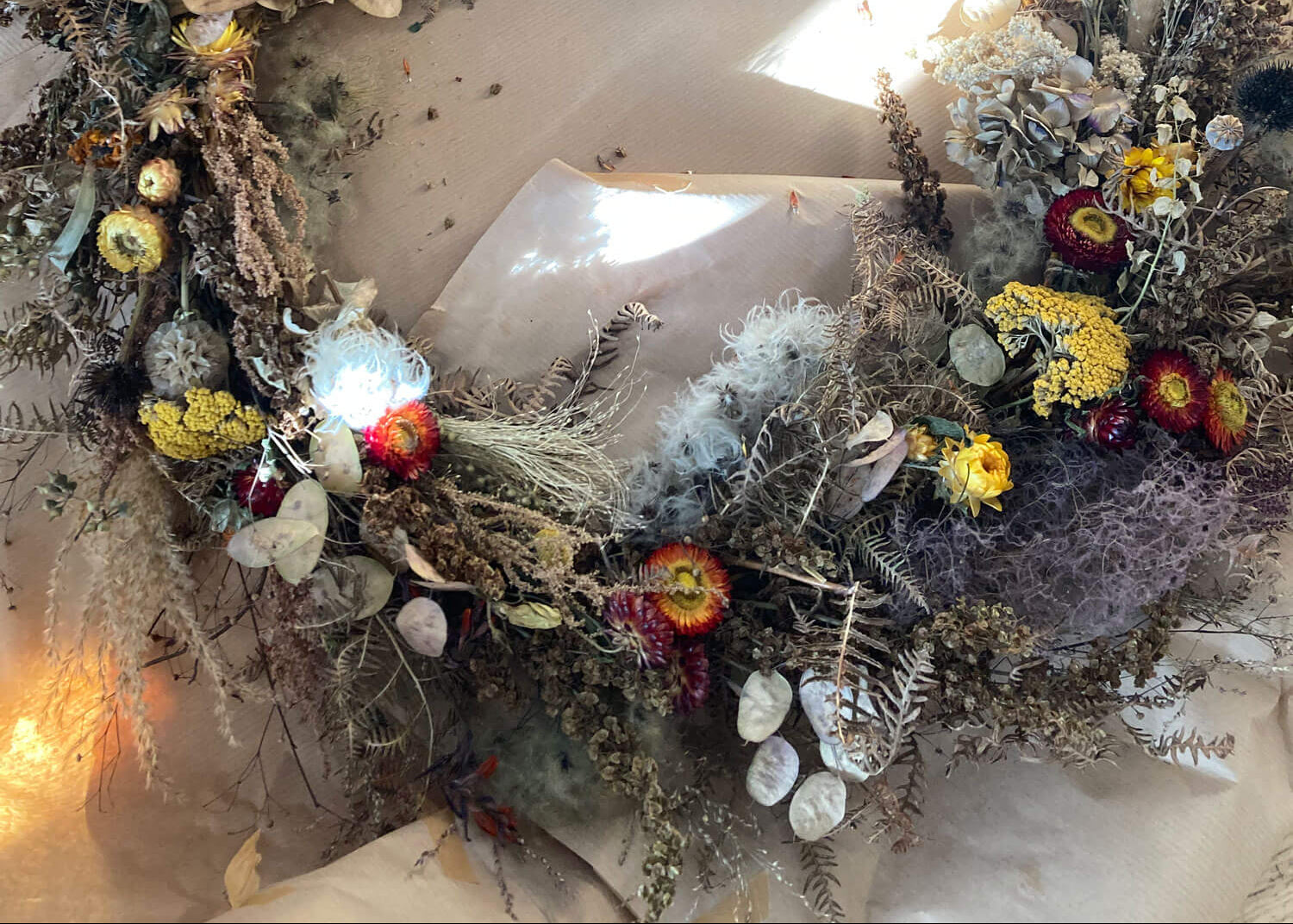 Dried flower wreath in pastel colours