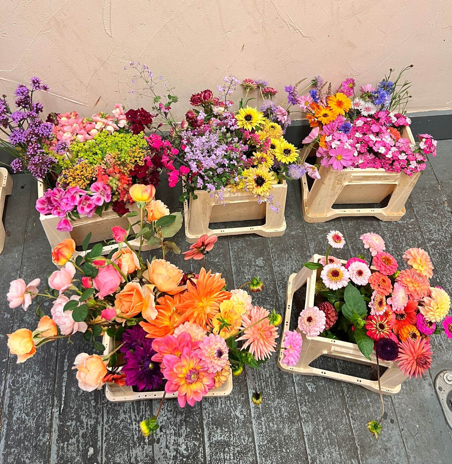 Assorted flower arrangements in small crates on a concrete floor.