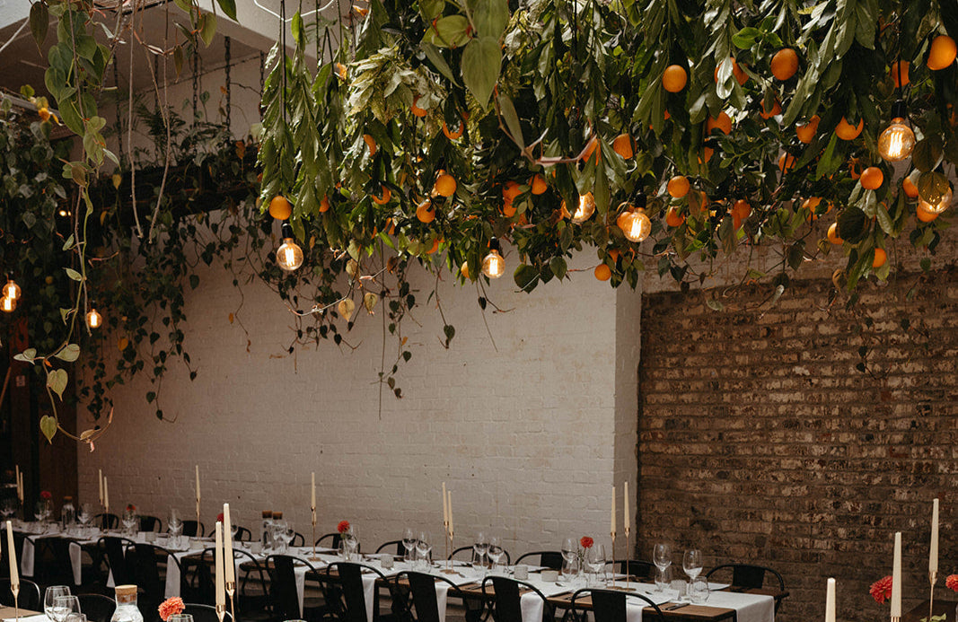 Decorative indoor setting with hanging orange grove and lights, tables set for a meal in rustic setting