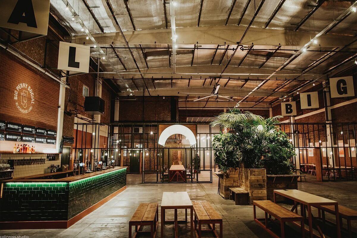 Larger planter full of lush green plants in the centre of a large, high ceilinged industrial bar