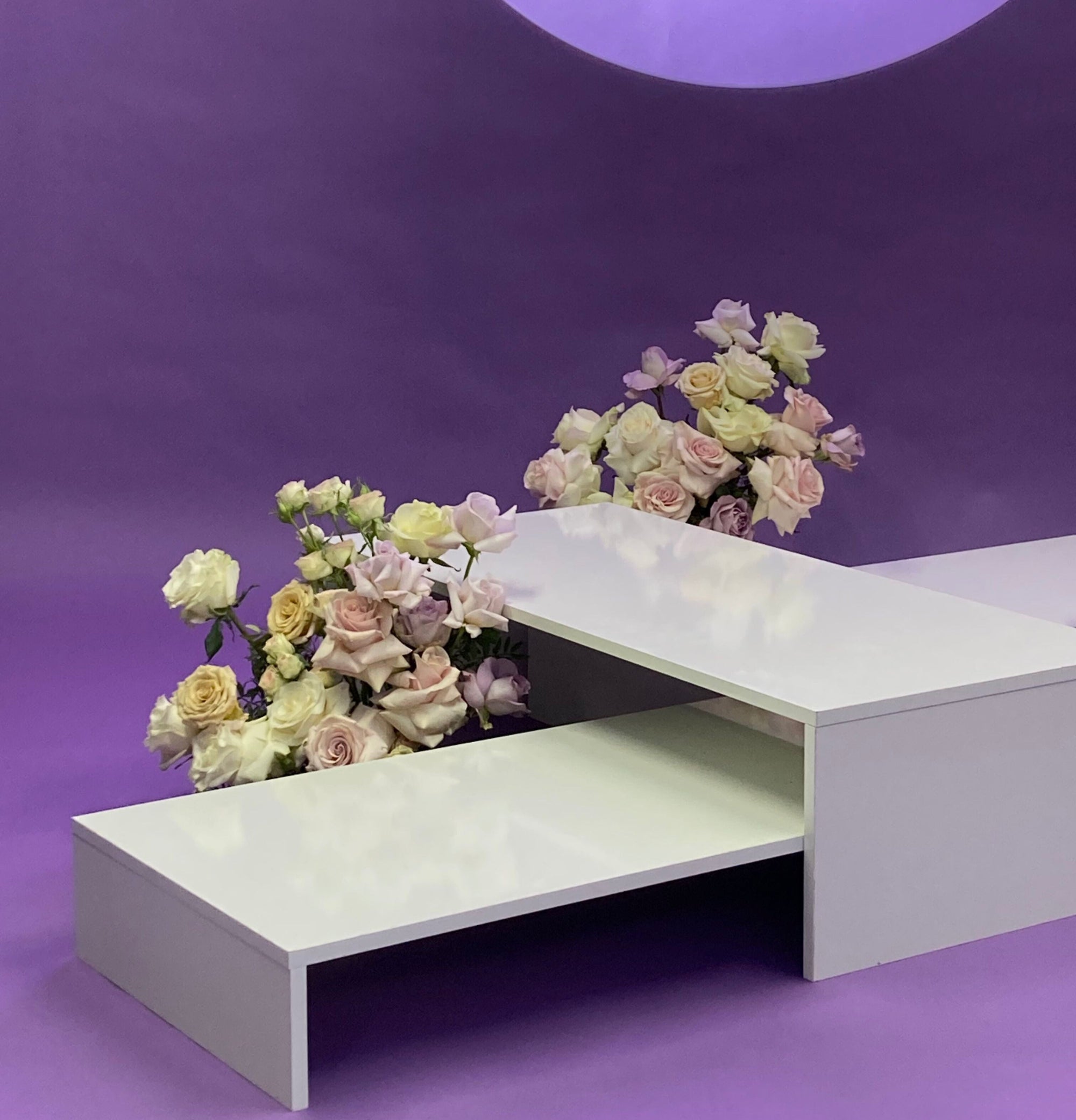 Contemporary floral arrangement of reflexed pastel roses in stage and photoshoot space
