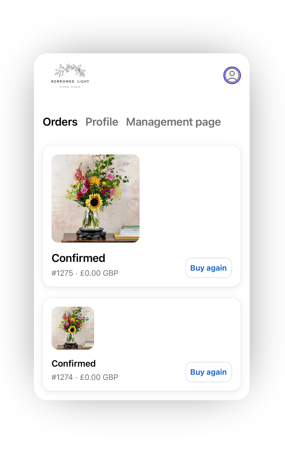 A digital screenshot of an e-commerce order management page for 'Blossom Light', showing two confirmed flower arrangements with 'Buy again' buttons.