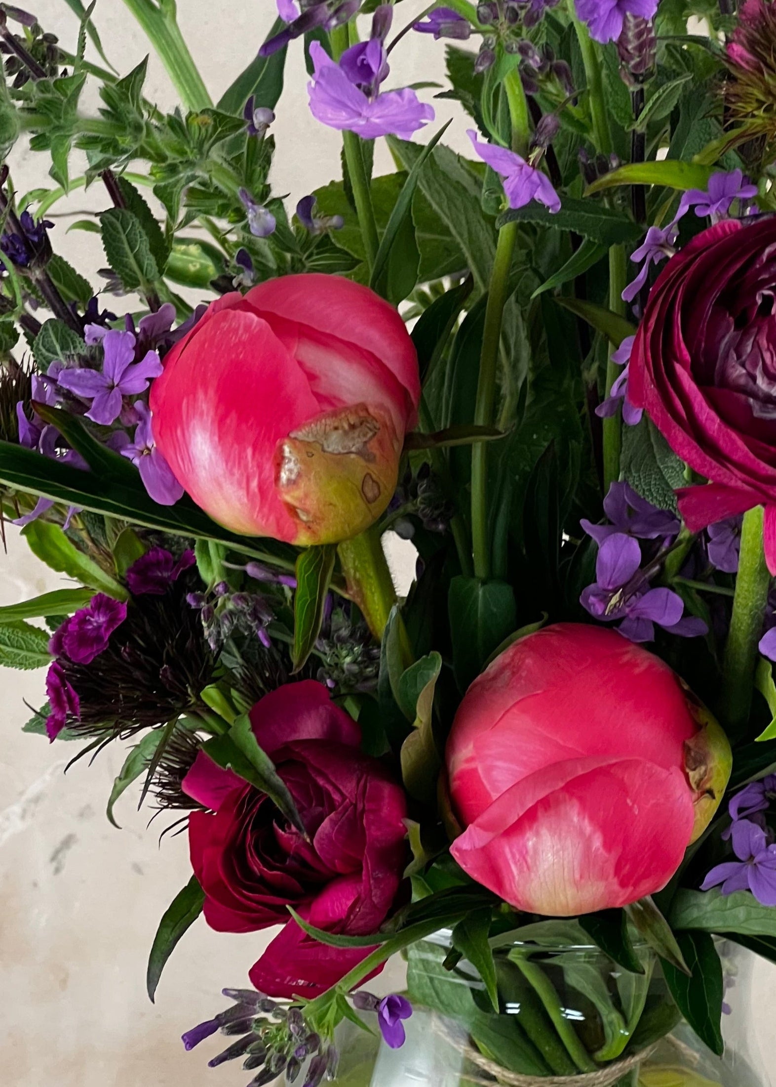 Bouquet of pink tulips and purple flowers with green leaves on a light background