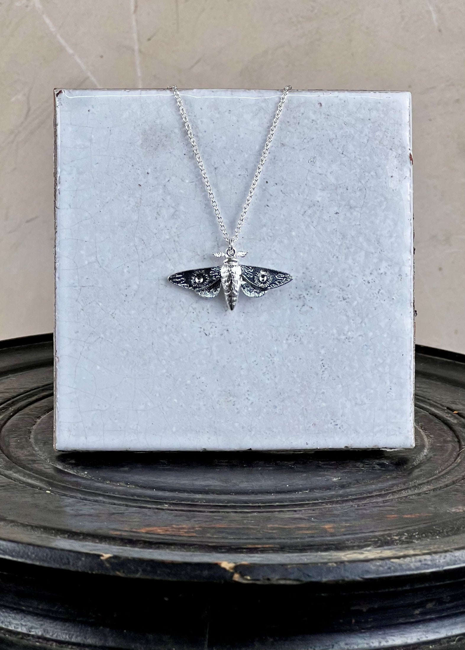 Silver moth necklace on a white box with a gray background