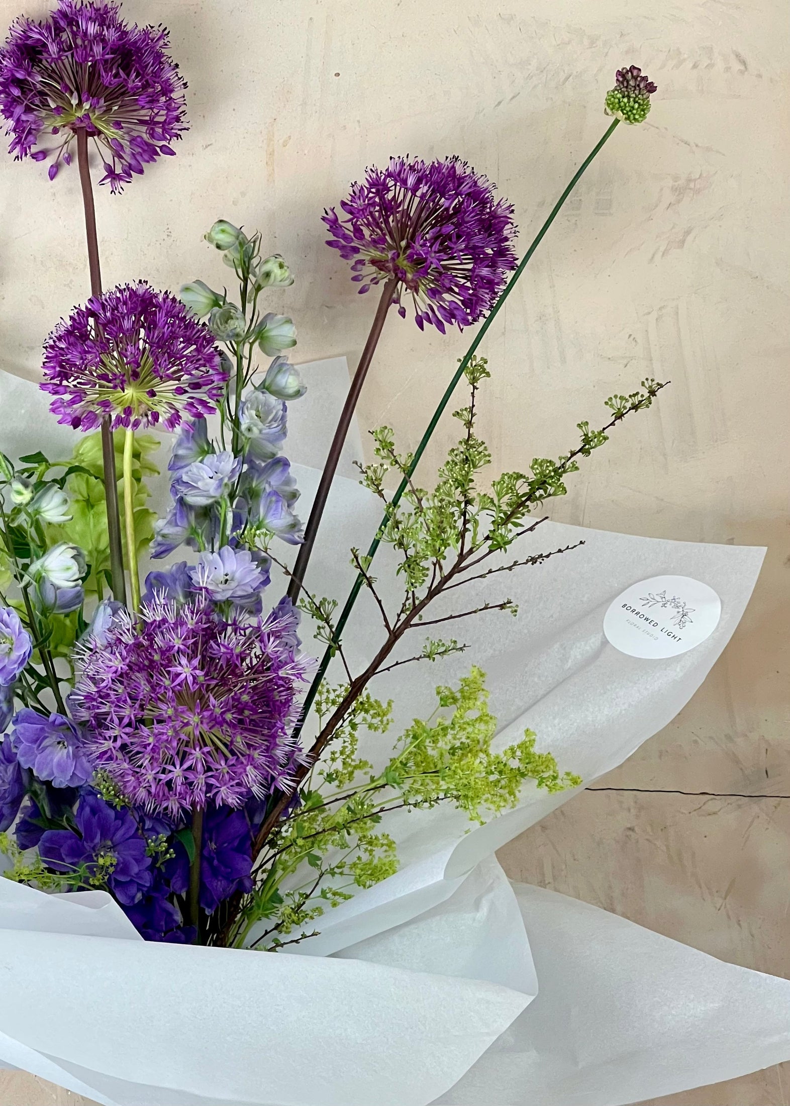 Bouquet of purple allium flowers wrapped in white paper on a beige background